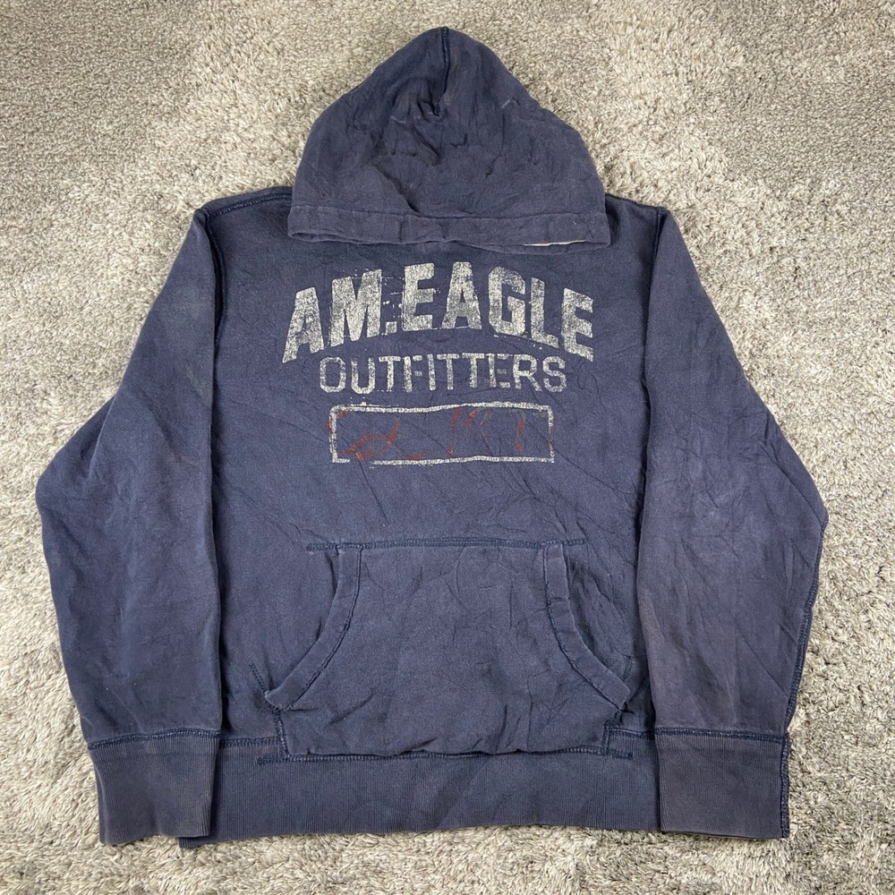 Vintage American Eagle Fleece Hoodie Men XL Blue Distressed Graphic Pullover Y2k